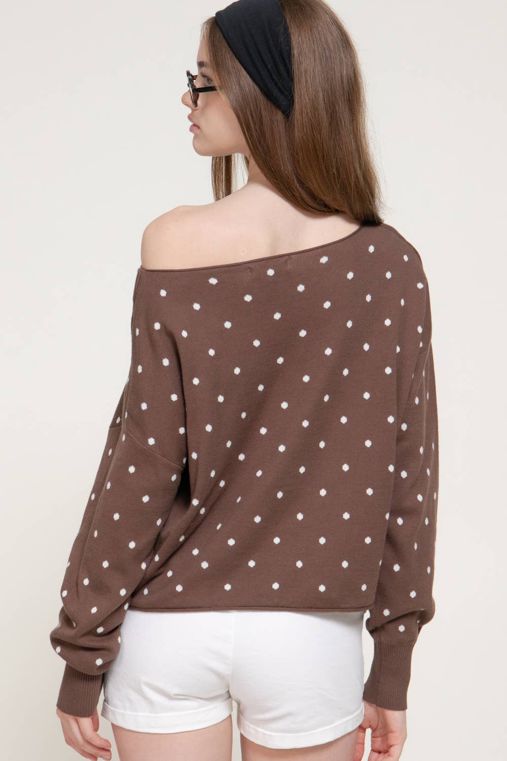 Long Sleeve Asymmetrical Off The Shoulder Dot Sweater Top