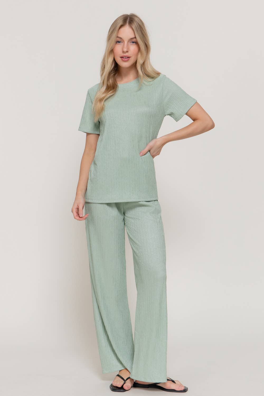 Short Sleeve Top & Wide Knit Pants Set