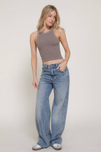 Sleeveless Round Neck Contrast Piping Detail Seamless Top
