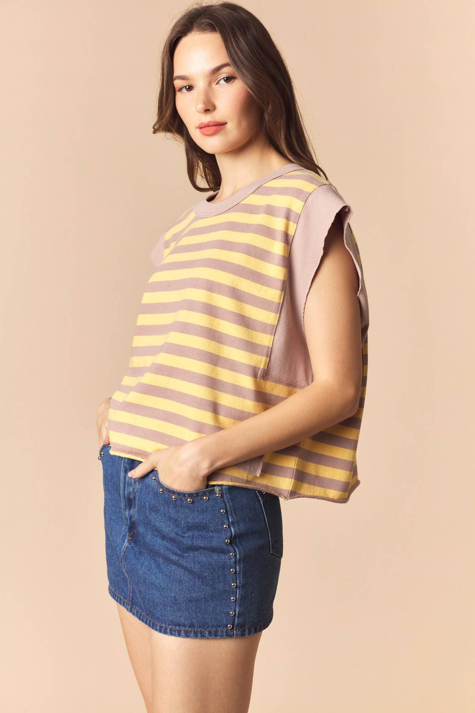 Stripe Cotton And Solid Rib Oversized Sleeveless Top