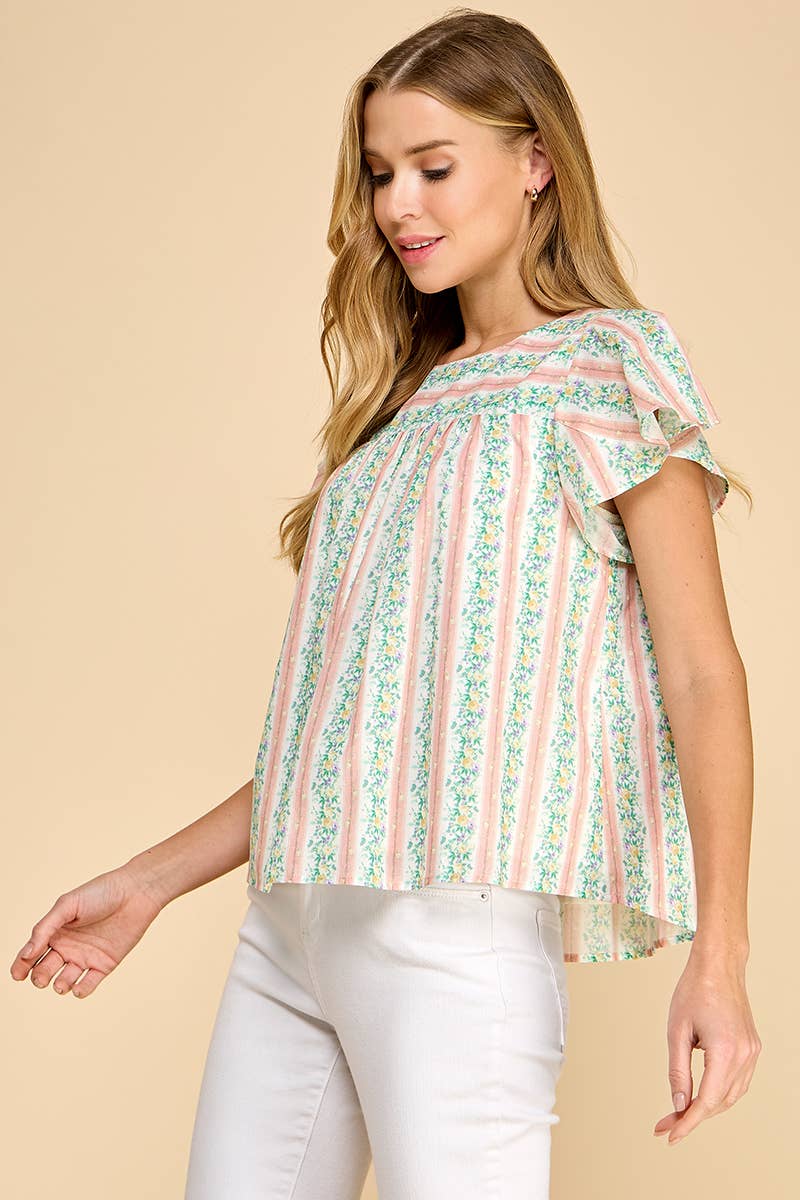 CT8860-Floral Striped Round Neck Ruffle Sleeves Top
