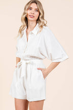LINEN TIE BELT BUTTON DOWN COLLARED ROMPER