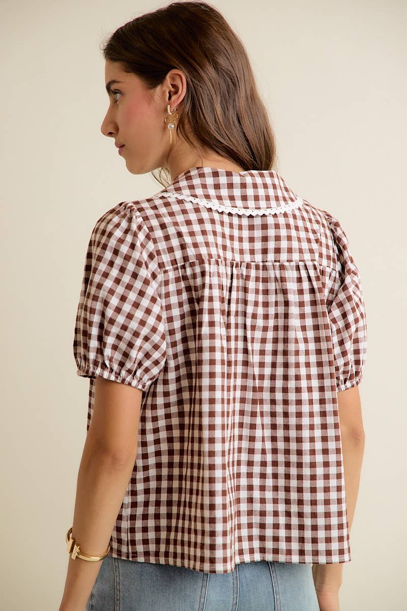 Gingham Check Lace Trimmed Short Blouse