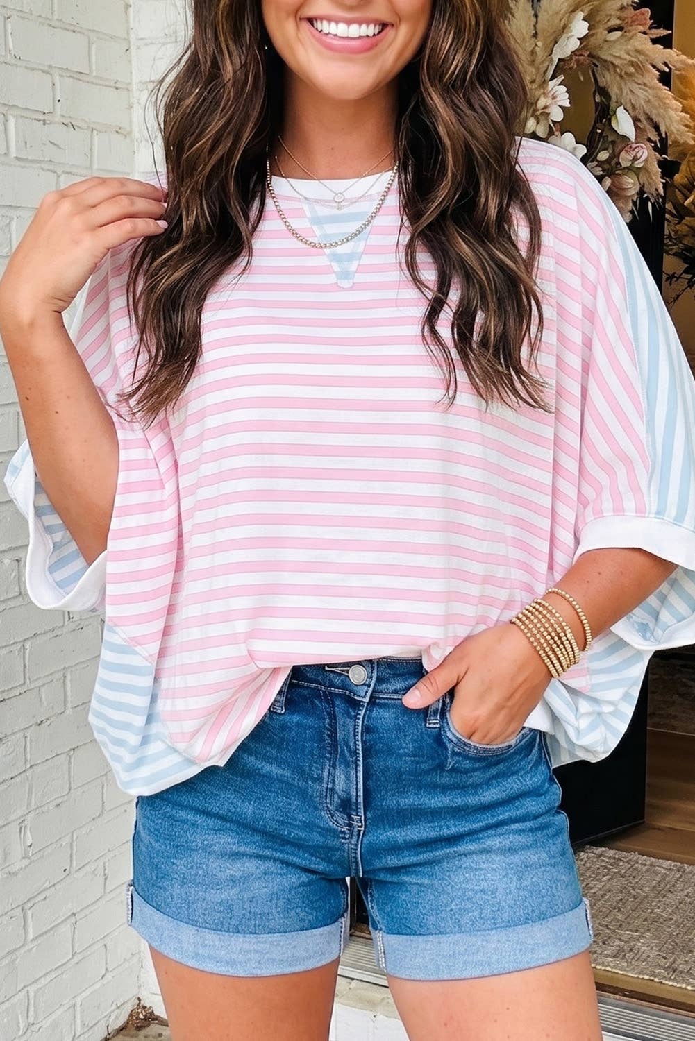 LAS Striped Dolman Sleeve Patchwork Oversize T Shirt (S-XL)