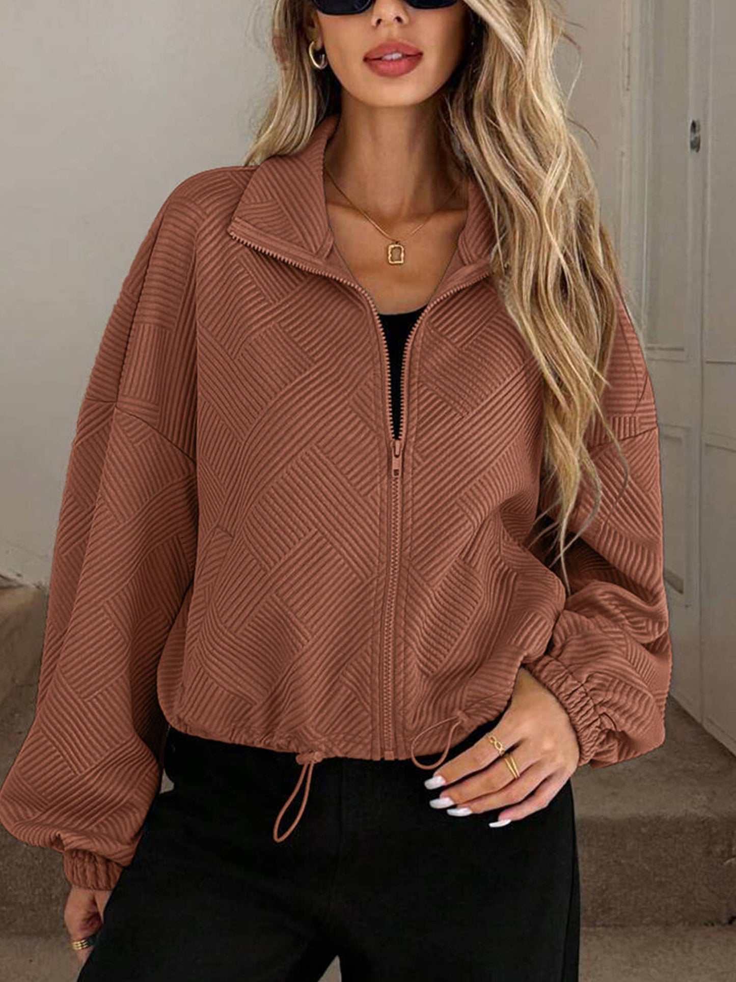 Turtleneck Zipper Drawstring Jacket