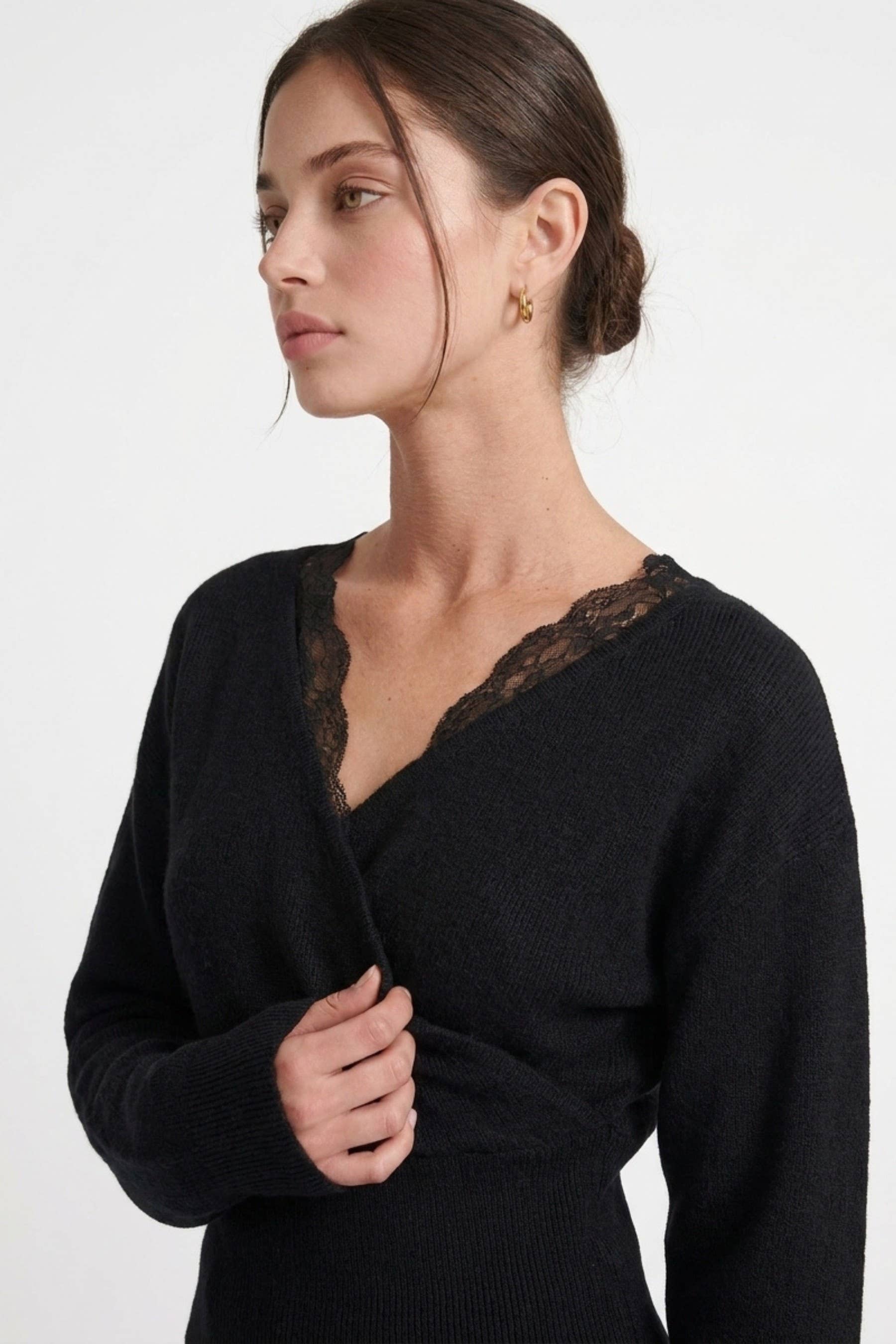 Lace-trim Faux-wrap Knit Sweater
