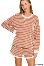 Raised Rib Striped Pullover And Shorts Set