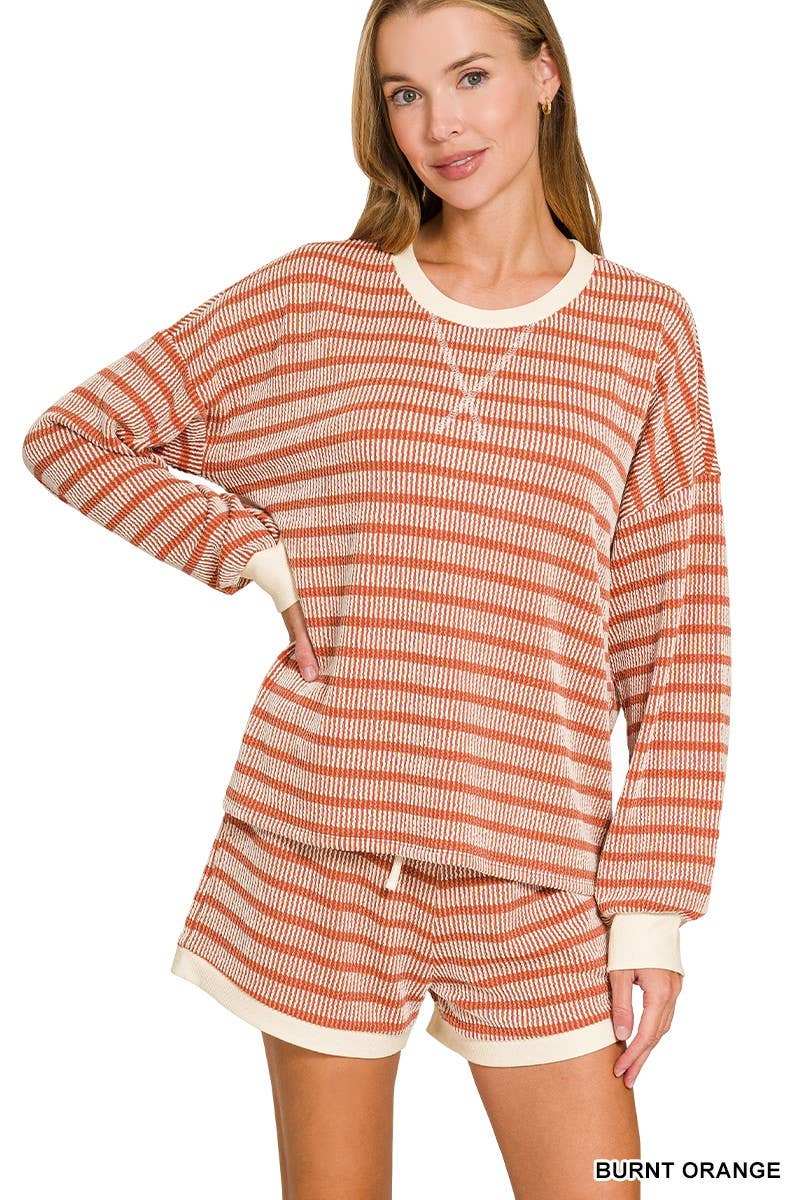 Raised Rib Striped Pullover And Shorts Set