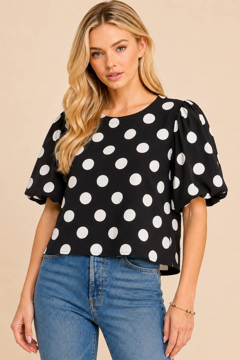 Classic Polka Dot Puff Sleeve Woven Blouse