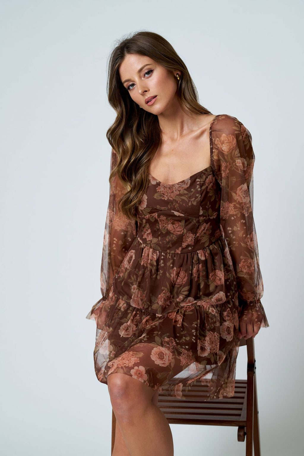 FLORAL CHIFFON LONG SLEEVE CORSET MINI DRESS