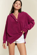 Long Sleeve Button Down Ribbed Hooded Sweatshirt JJT5070