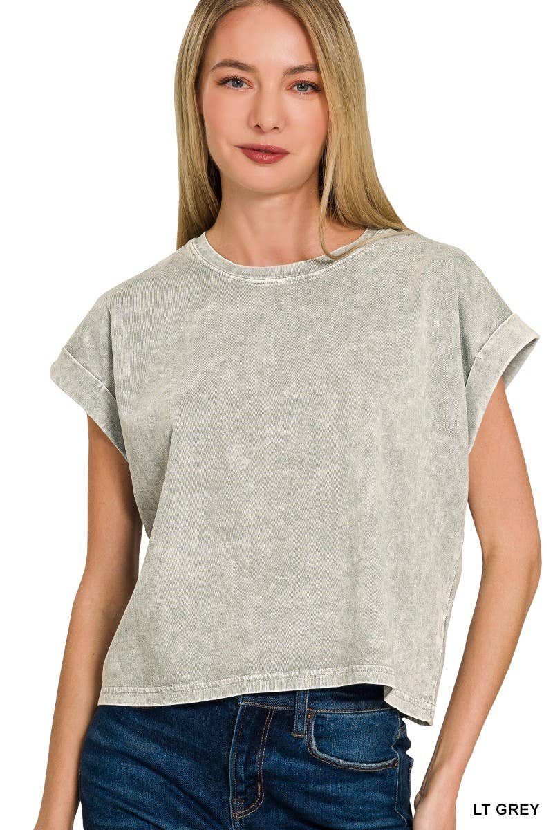 Halo Washed Cotton Cuffed Short Sleeve Top