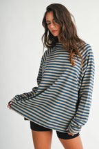 8645IN Mock Neck Yarn-Dyed Striped Oversized Long Sleeve Tee