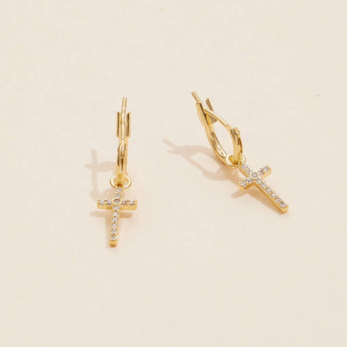18K Gold Dipped CZ Cross Hoop Earrings