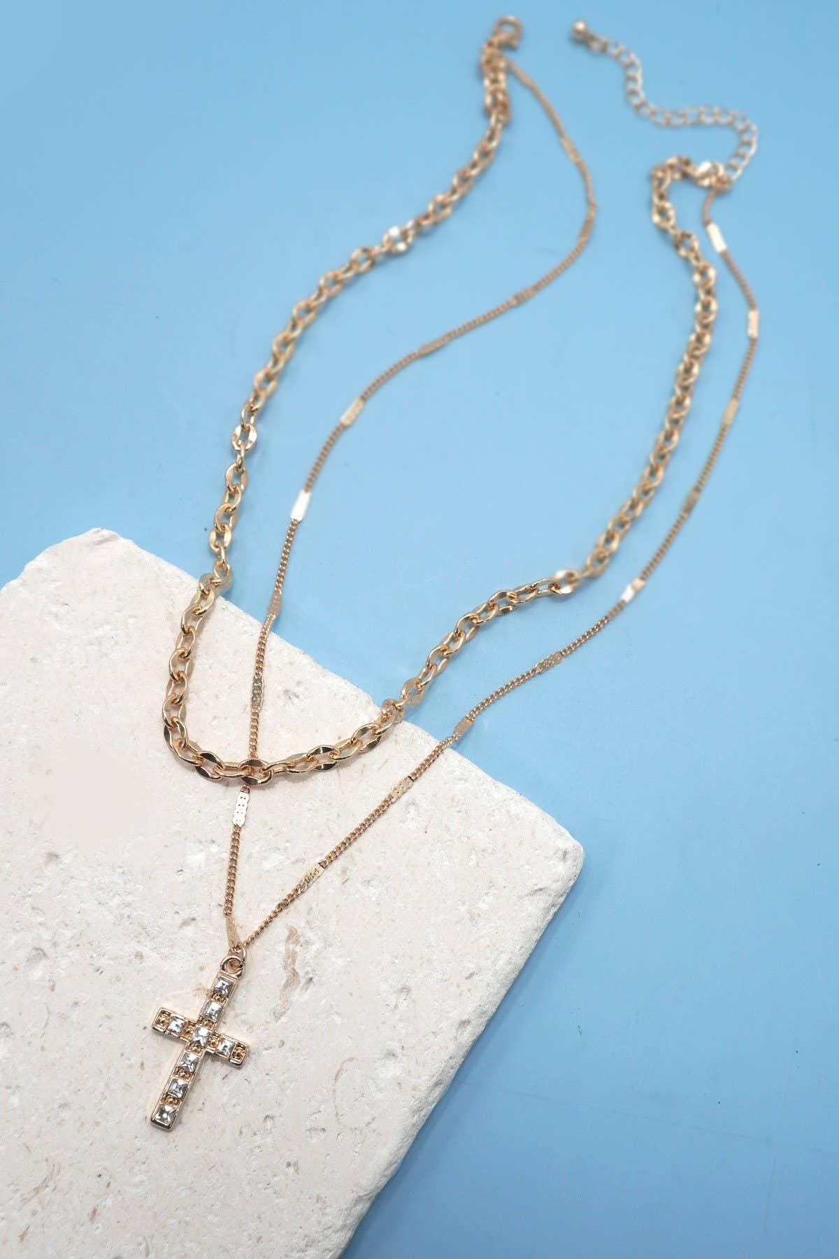 DOUBLE LAYER RHINESTONE CROSS NECKLACE | 80N91491