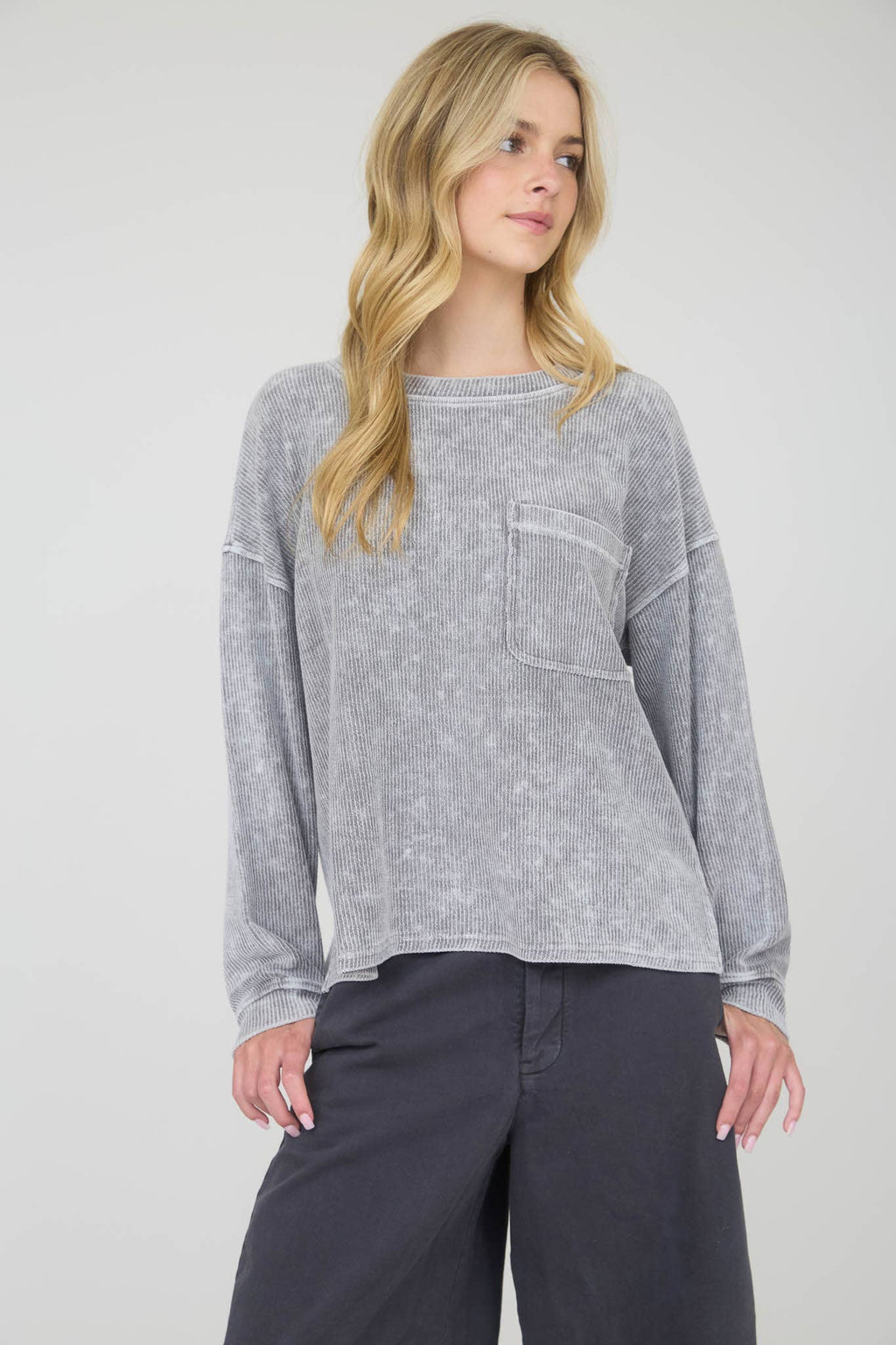 WASHED POCKET DETAIL LONG SLEEVE RIB KNIT TOP