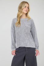 WASHED POCKET DETAIL LONG SLEEVE RIB KNIT TOP