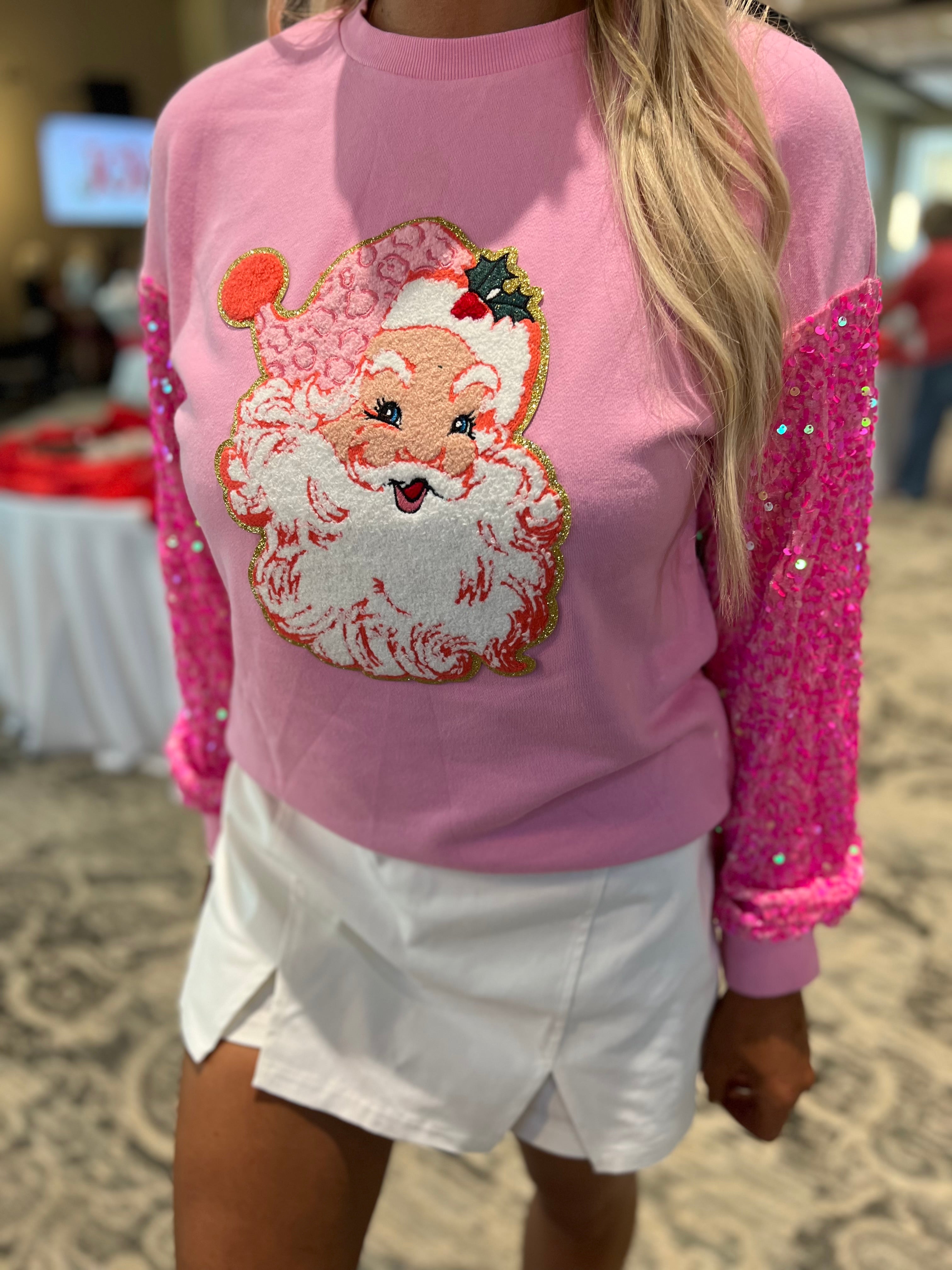 Santa Patch Hot Pink Sequin Sleeve Pullover