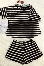 Rayon spandex stripe loose fit short and top set (P16433)
