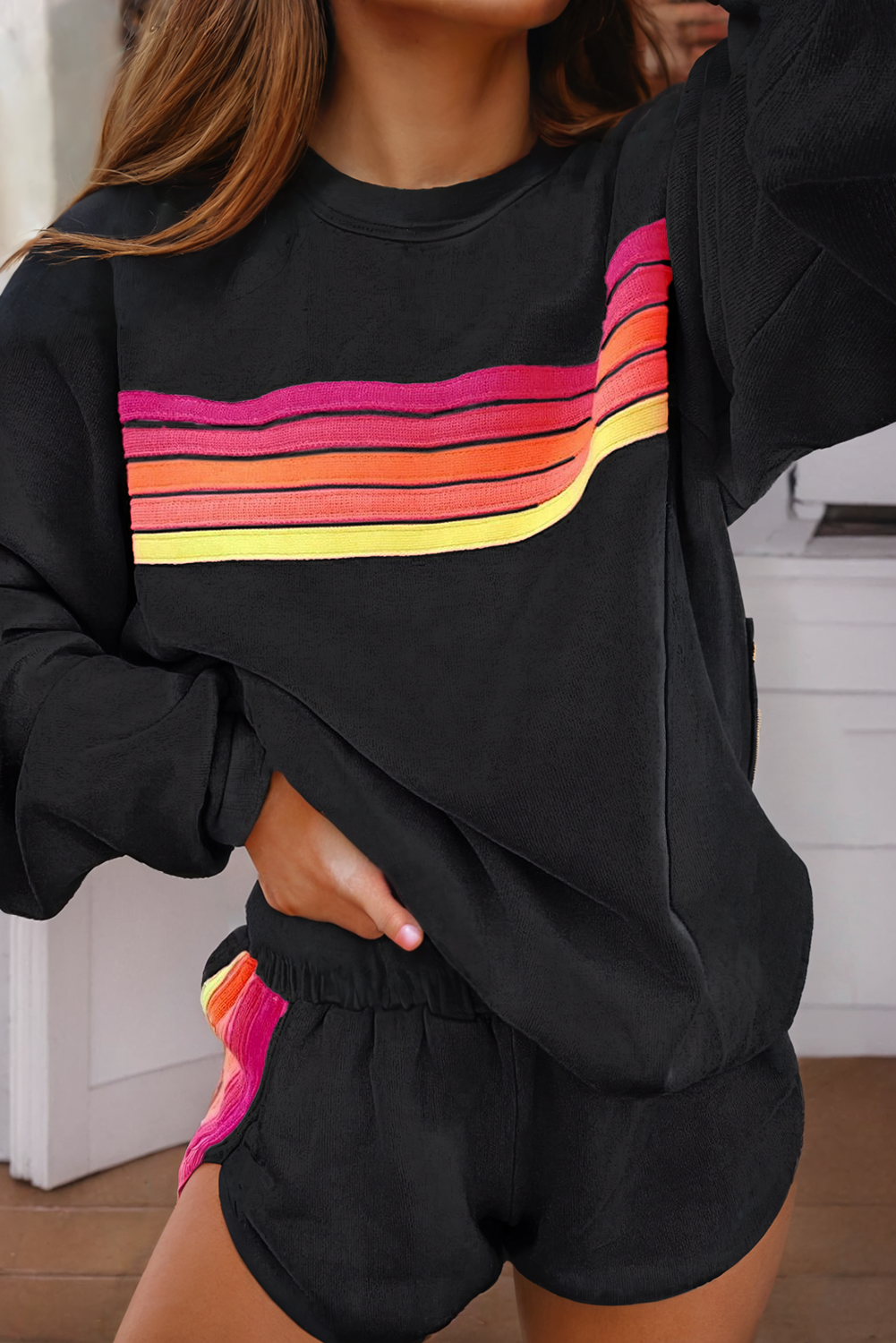 LDC Color Contrast Trim Long Sleeve Top and Shorts Set