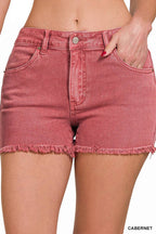 Washed Fray Hem Cotton Denim Shorts - Zenana