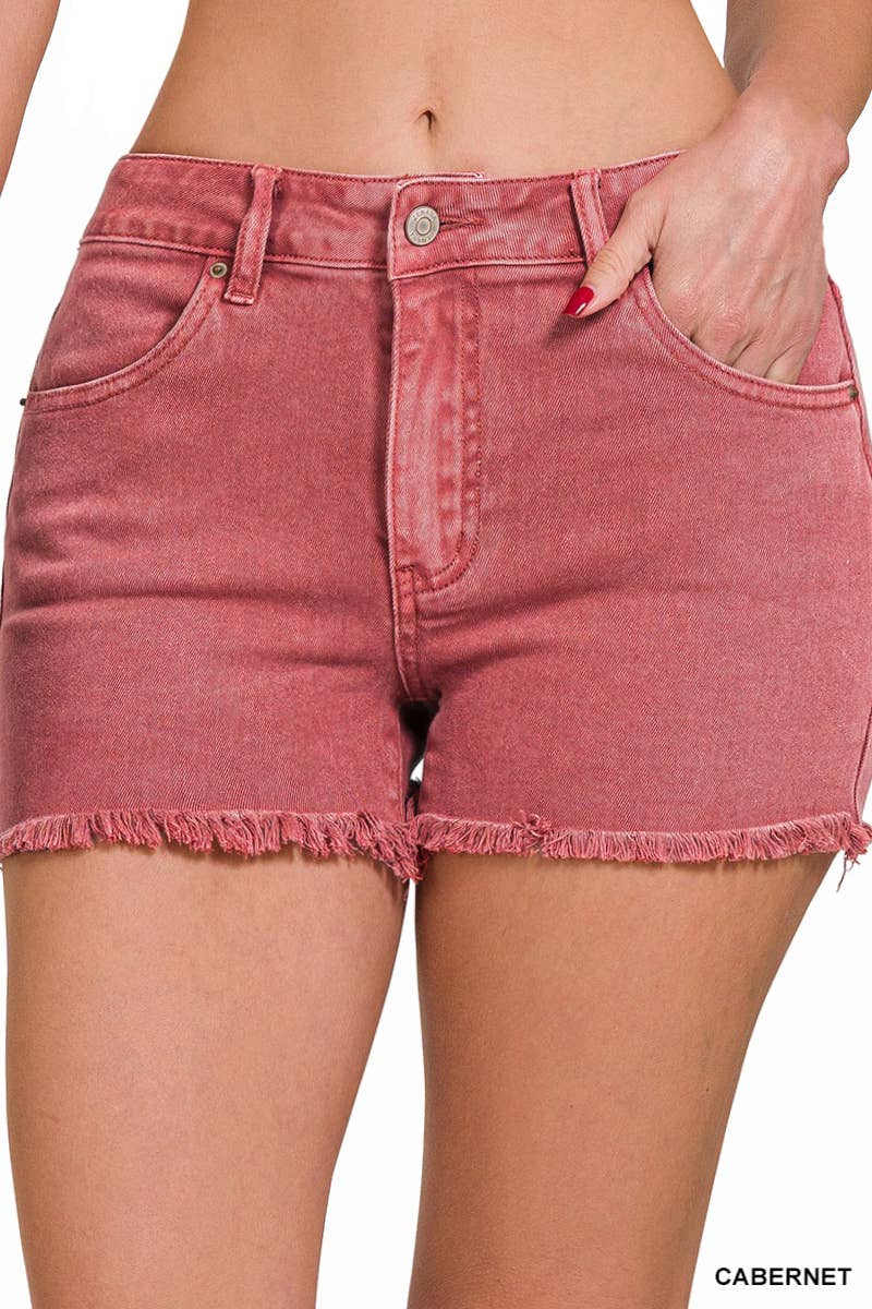 Washed Fray Hem Cotton Denim Shorts - Zenana