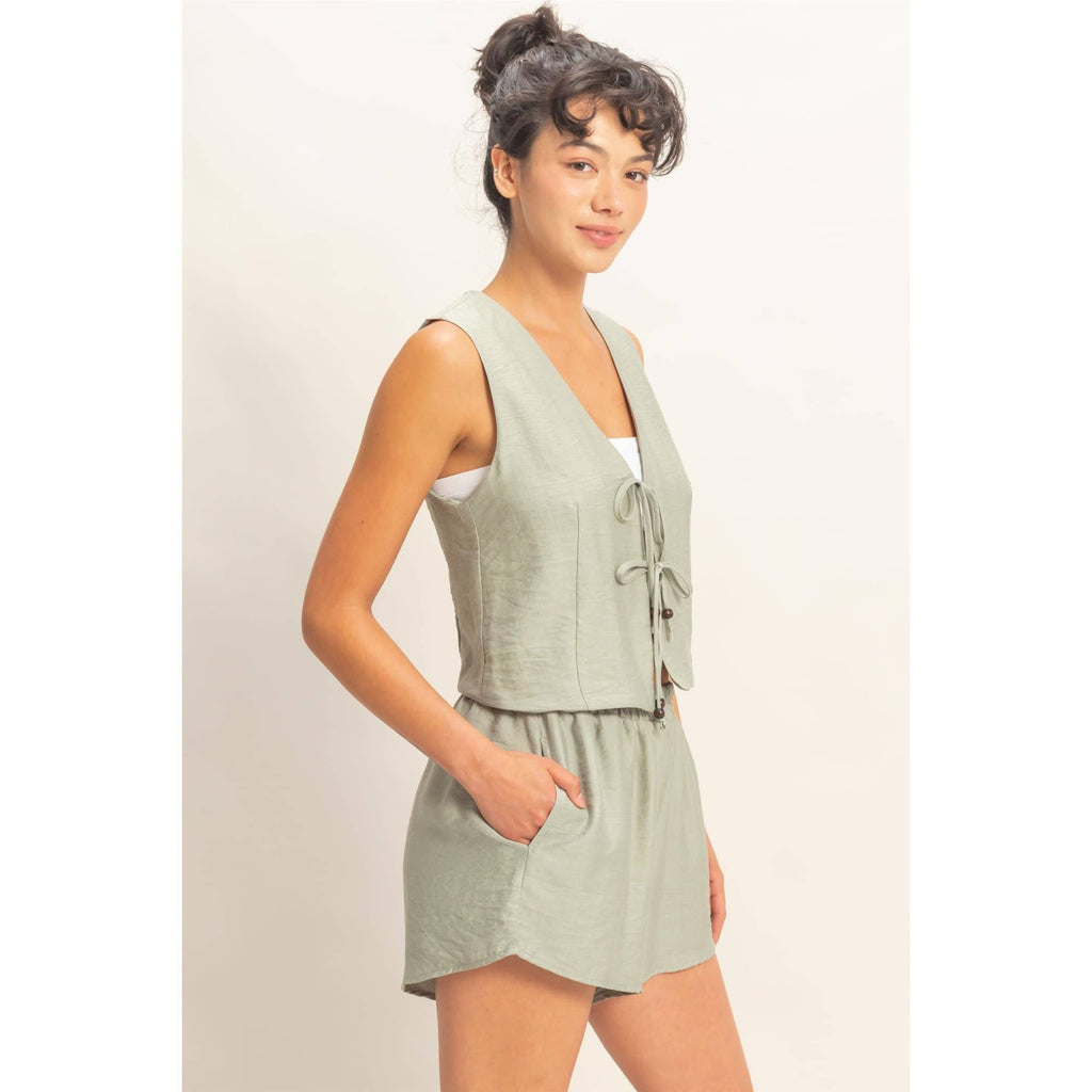 Sleeveless Tie-Front Vest And Elastic Waist Shorts Set