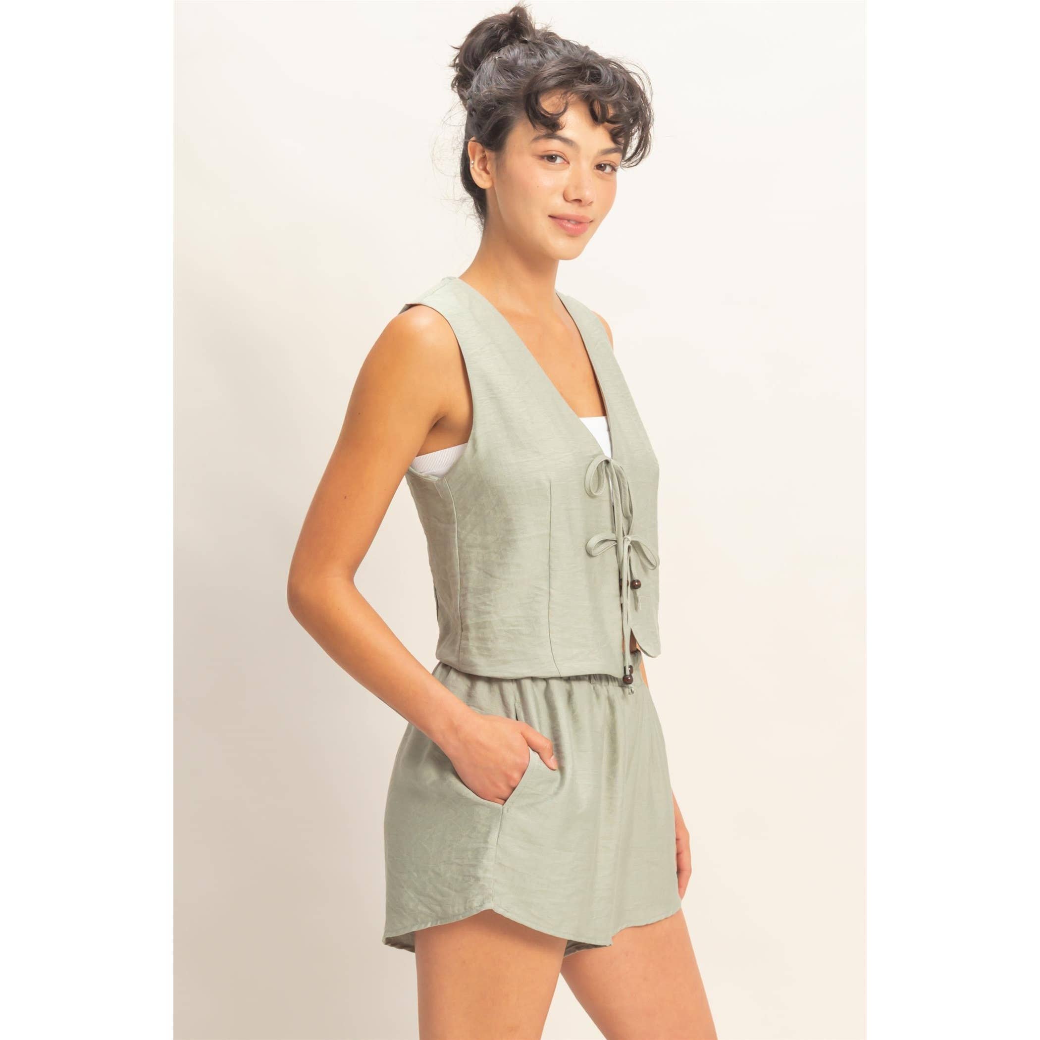 Sleeveless Tie-Front Vest And Elastic Waist Shorts Set