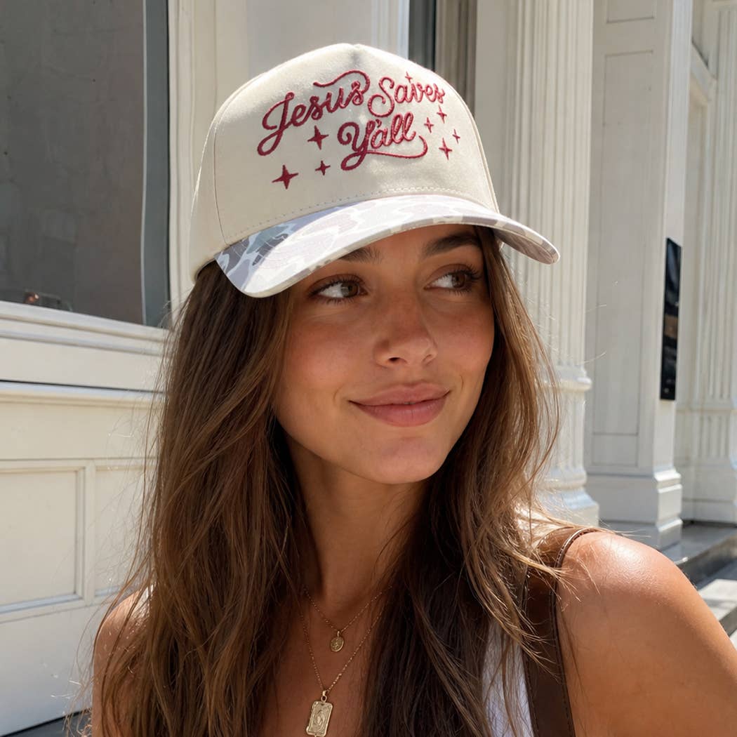 Jesus Saves Y'all Embroidered Camo Brim Trucker Hat
