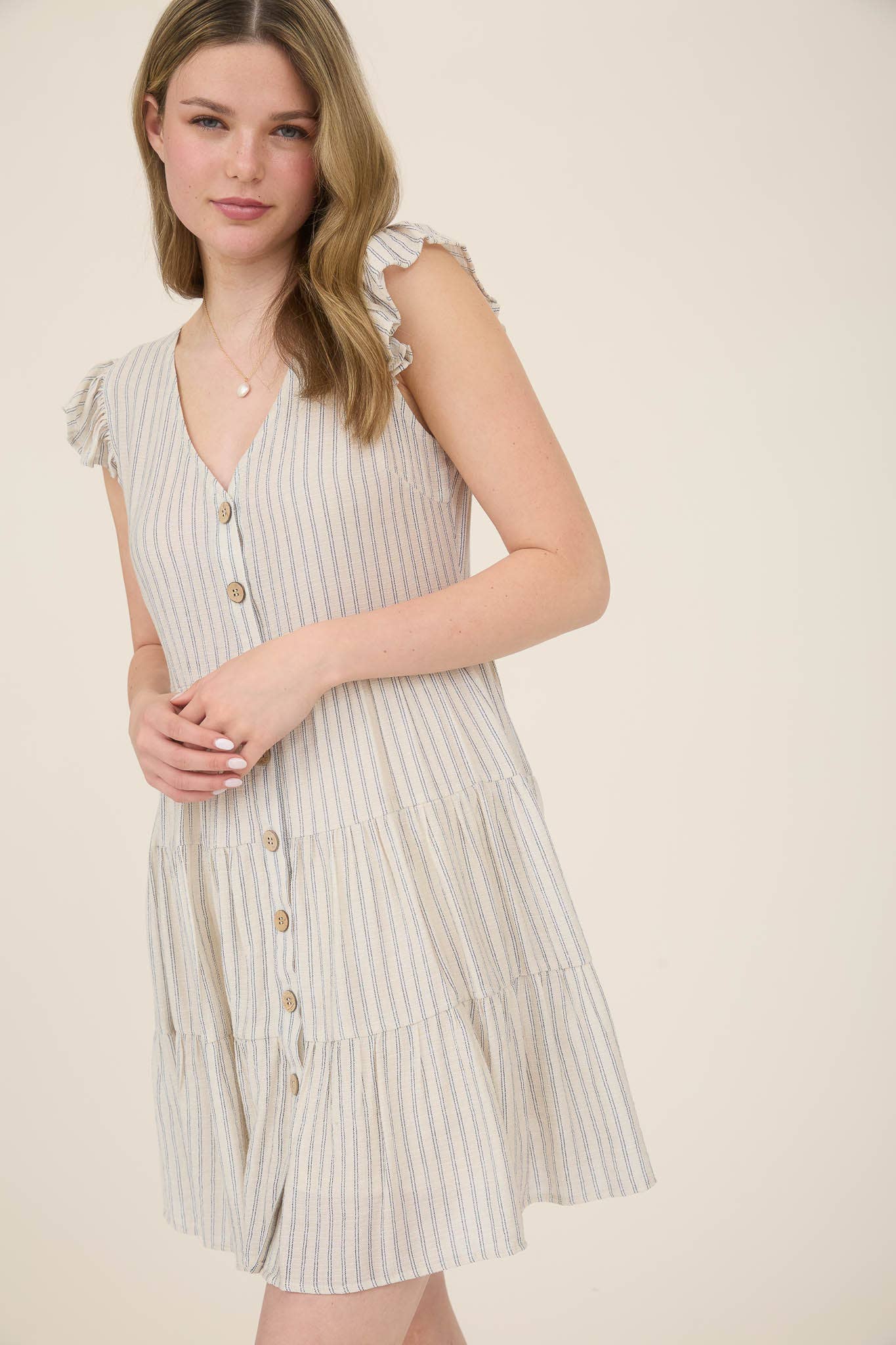 STRIPE V NECK BUTTON DOWN TIERED MINI DRESS
