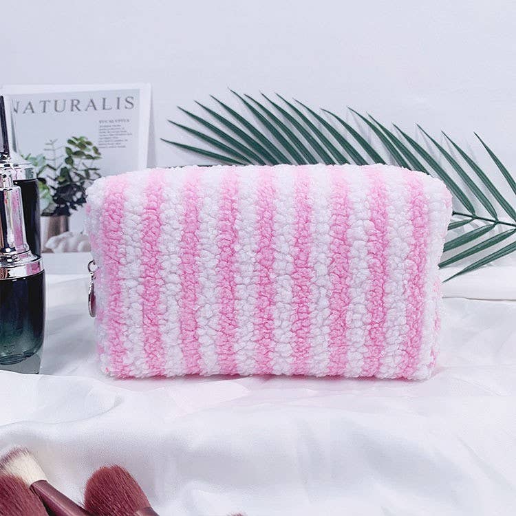 Plush Striped Sherpa Makeup Bag - Cozy Travel Pouch | 40P621