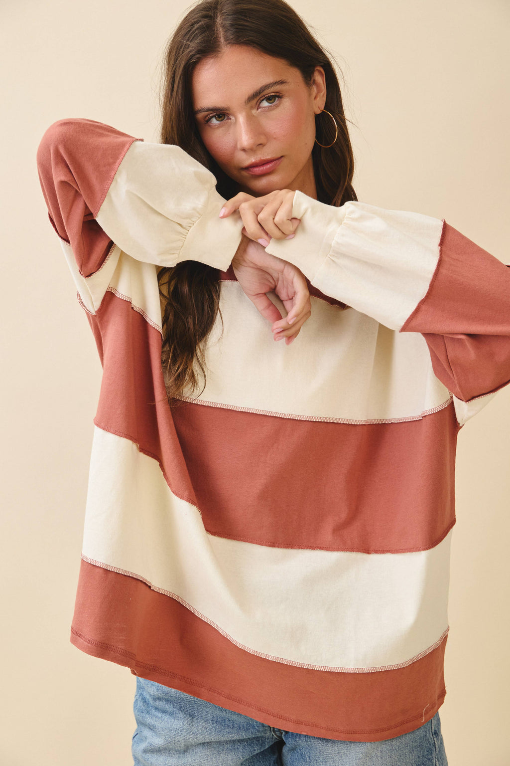 8551GN Contrast Panel Long Sleeve Slouchy Pullover 1