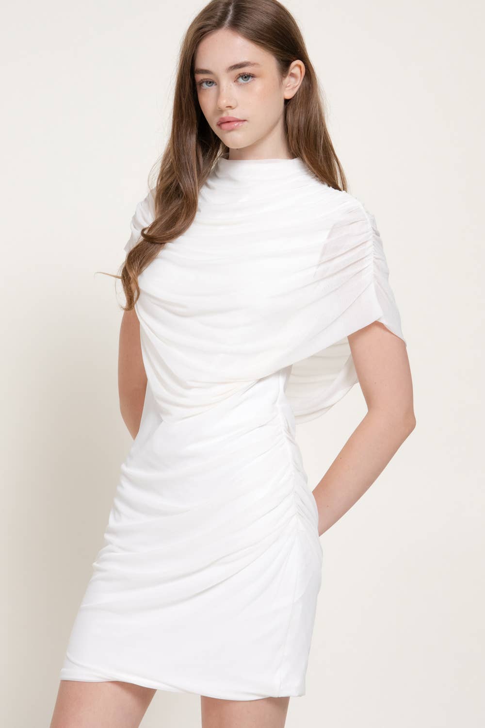 High Neck Shoulder Drape Mesh Mini Dress