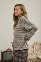 CREAM STRIPED DROP SHOULDER CREW NECK SWEATER