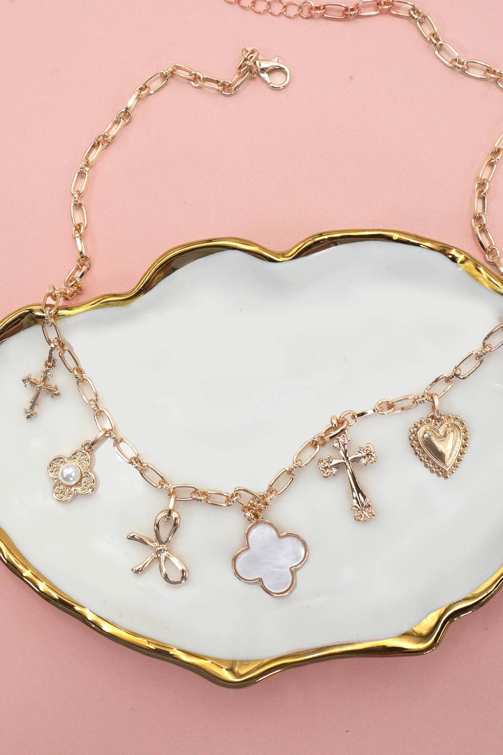 CHARM NECKLACE-CLOVER BOW CROSS HEART FLOWER