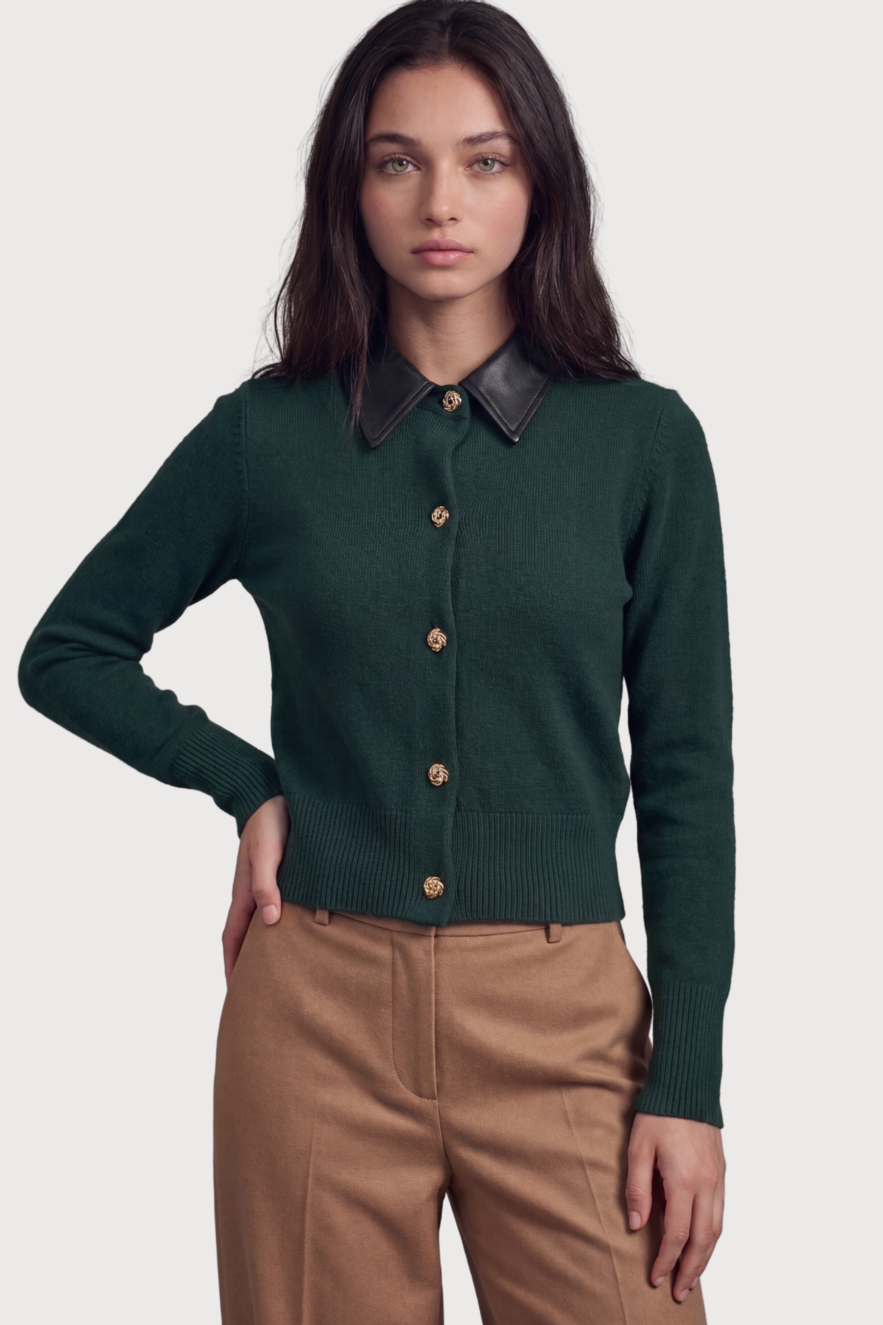 Leather collar Button down Cardigan