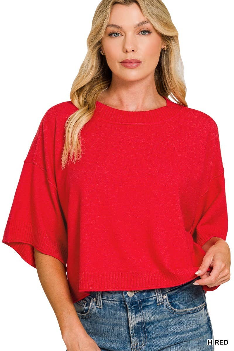 Viscose Mock Neck Short Sleeve Boxy Sweater