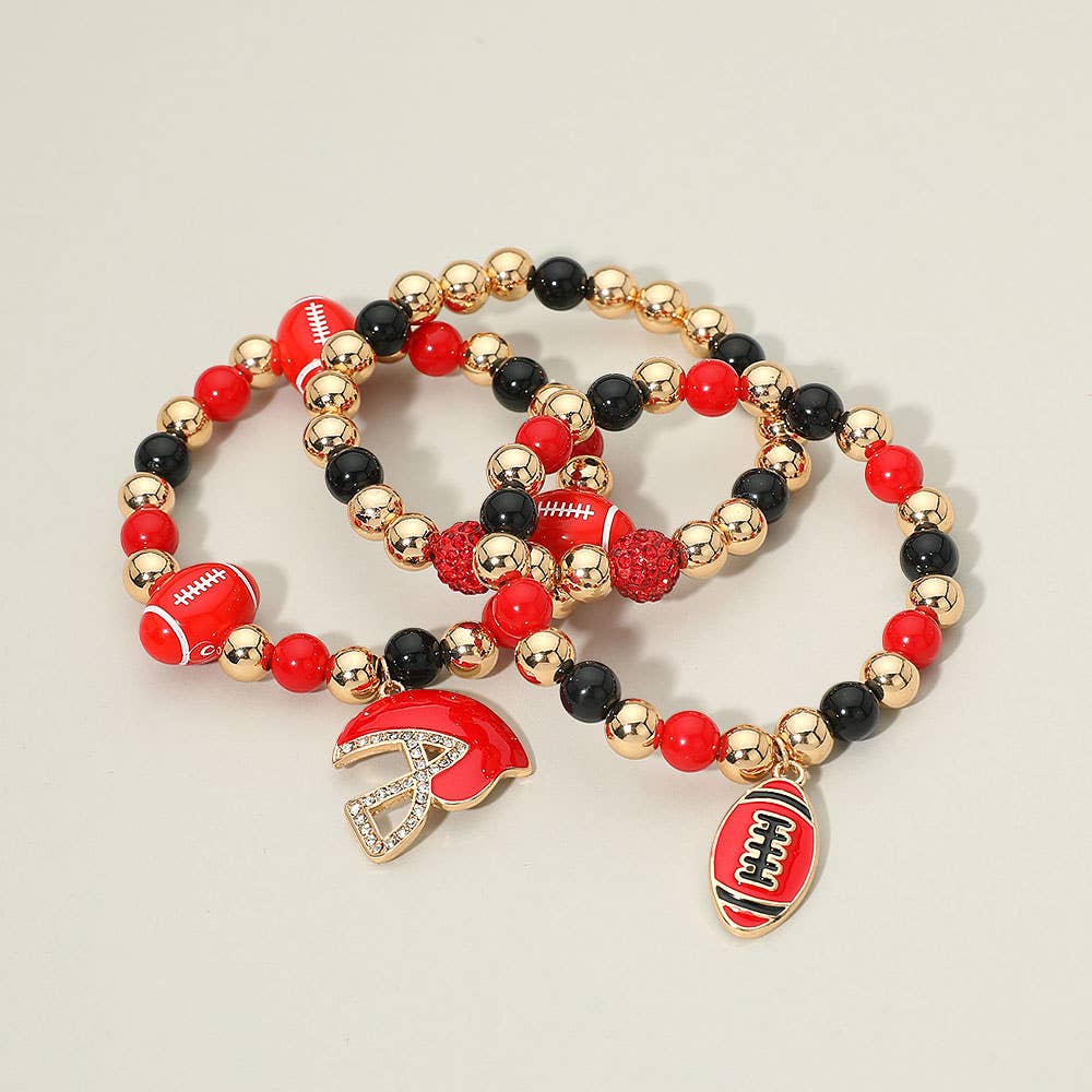 3PCS - Game Day Football Helmet Charm Beaded Stretch Multi Layered Bracelets