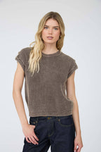 ACID WASHED TAB SLEEVE BACK BUTTON KNIT TOP