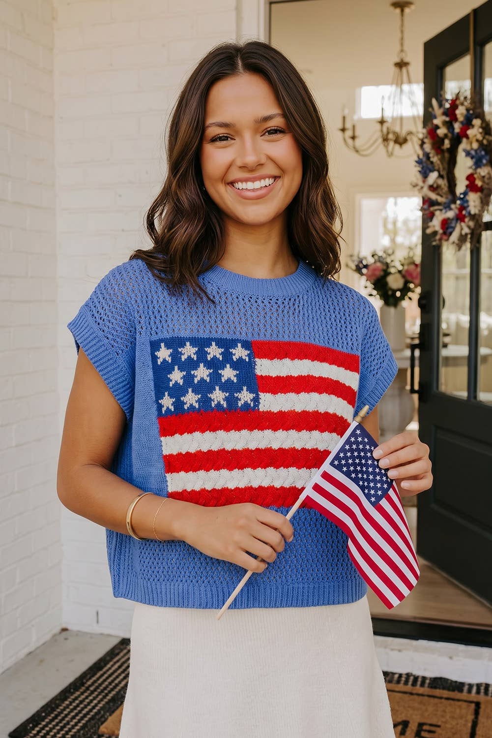 LAS Flag Graphic Short Sleeve Sweater Top (S-XL)