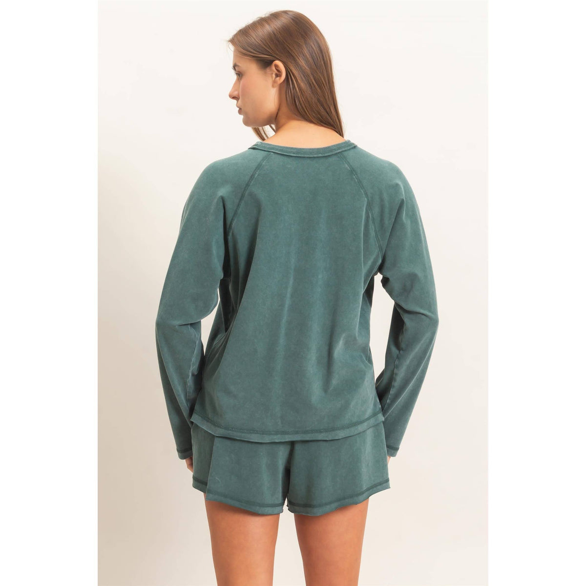 Mineral Wash Long Sleeve Raw Edge Top & Shorts Set