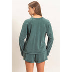 Mineral Wash Long Sleeve Raw Edge Top & Shorts Set