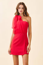 One Shoulder Chiffon Bow Mini Dress