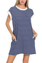 Striped Contrast Trim Rib Banded T-shirts Dress
