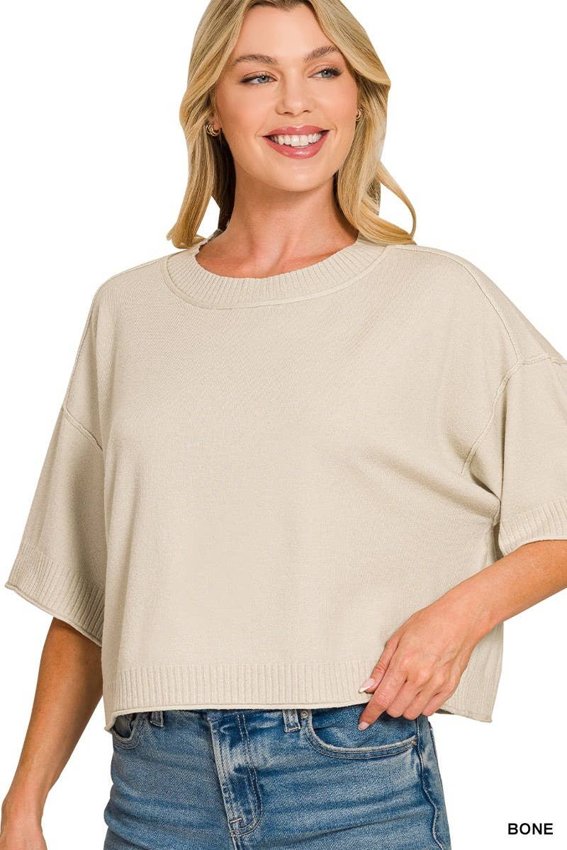 Viscose Mock Neck Short Sleeve Boxy Sweater