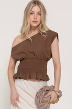 Asymmetrical Off The Shoulder Smocking Linen Effect Top