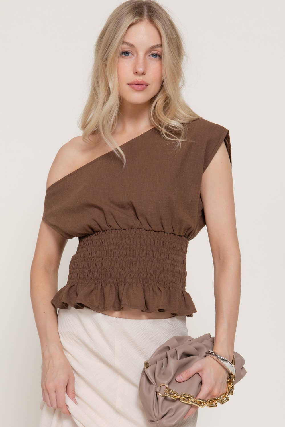 Asymmetrical Off The Shoulder Smocking Linen Effect Top