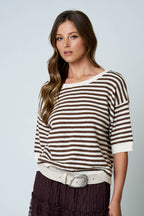 STRIPE CONTRAST TRIM SHORT SLEEVE KNIT SWEATER