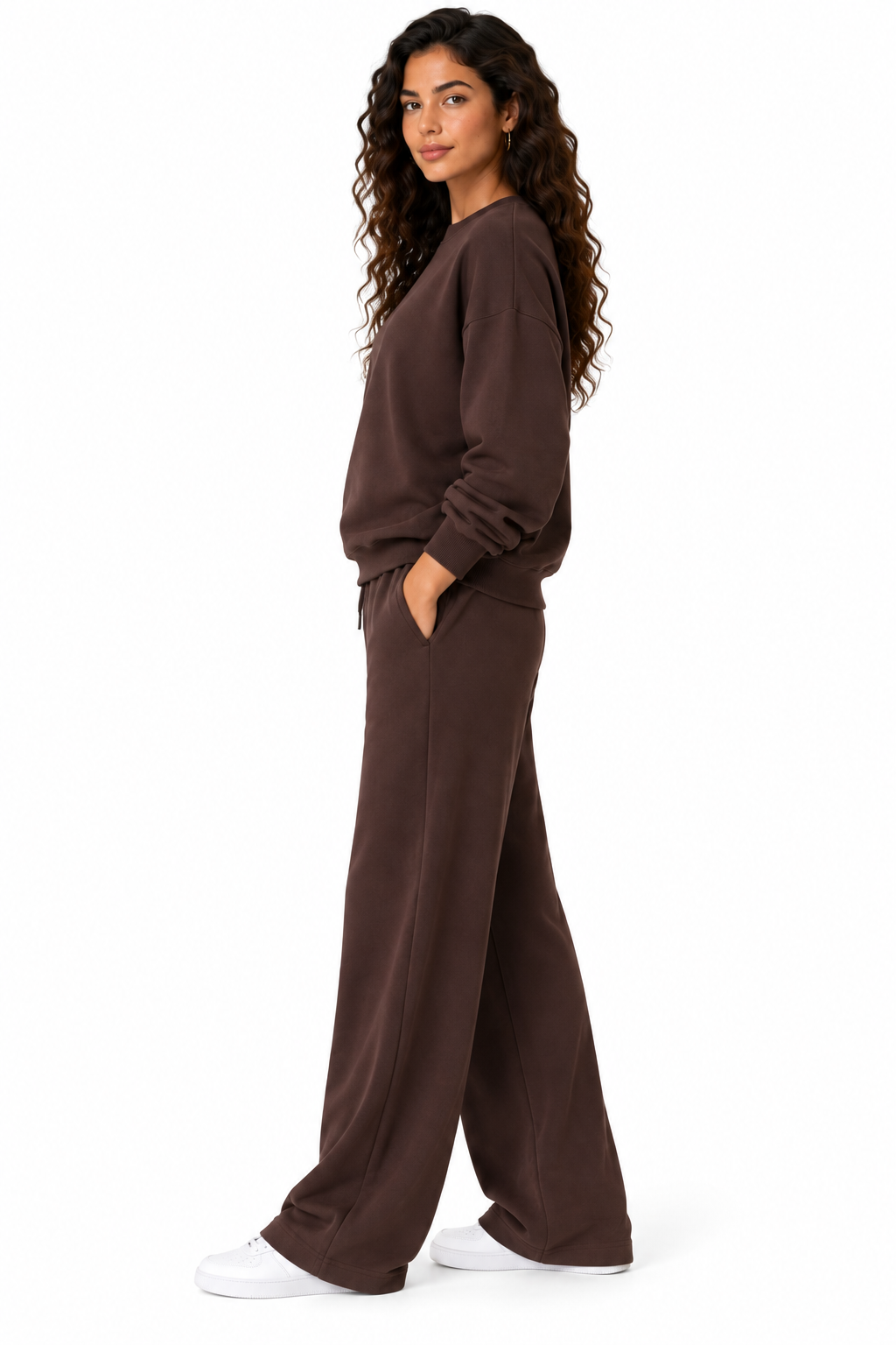 Fleece lined sweat shirt with wide leg loungewear 2 pcs set