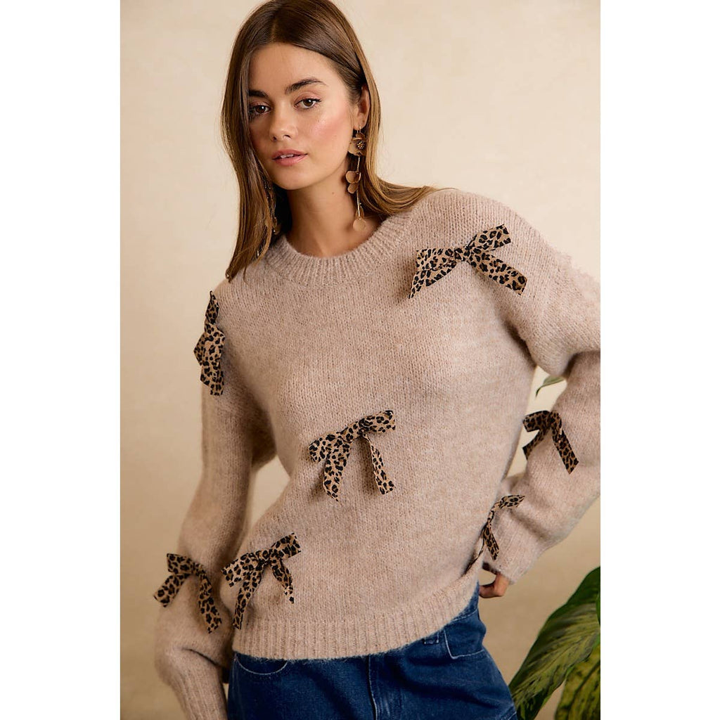 LEOPARD BOW ACCENT SOFT KNIT PULLOVER SWEATER